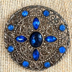 Vintage Art Nouveau Blue Glass Filigree Brooch
